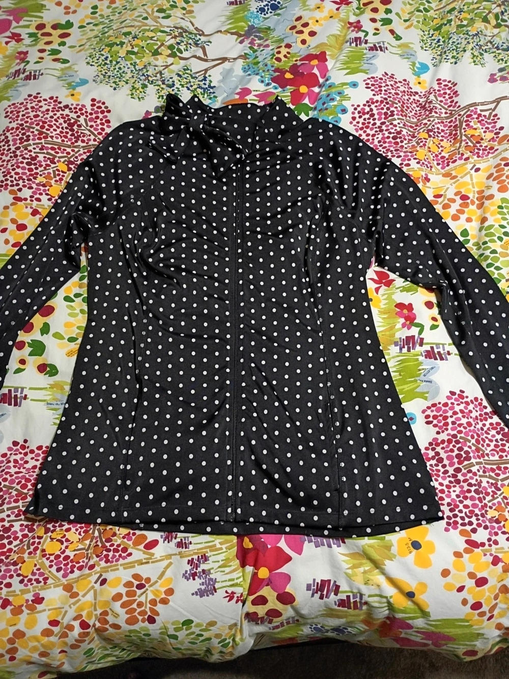Kate Spade Beyond Yoga Black Polka Dot Zip Up Jacket Size XXL With Bow At Neck